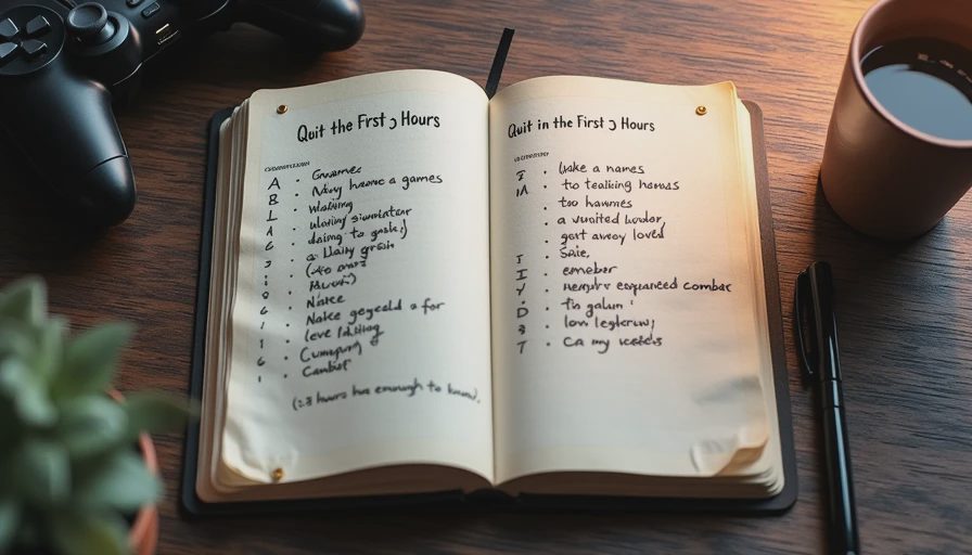Russ's quit list — lessons from games he abandoned A handwritten list in a notebook titled Quit in the First 3 Hours, with several game titles and short notes like too many menus or walking simulator.