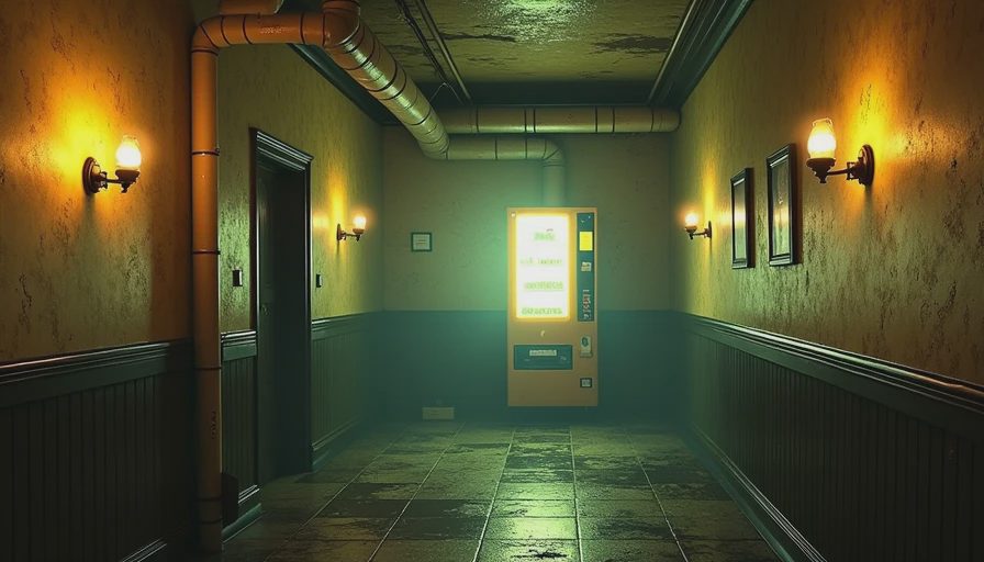 Rapture's decaying corridors — atmosphere still intact A narrow art deco corridor in Rapture with leaking water, flickering neon signs, and a vending machine glowing in the shadows, evoking the game's decaying atmosphere.