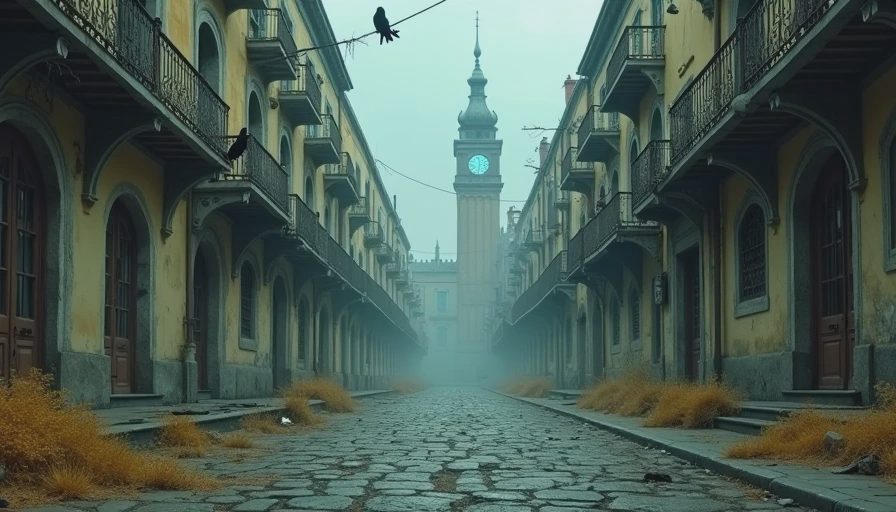 A wide shot of the Clair Obscur world: a ruined city street with ornate French architecture, overgrown vines, and a distant glowing tower, evoking a moody, decaying atmosphere.
