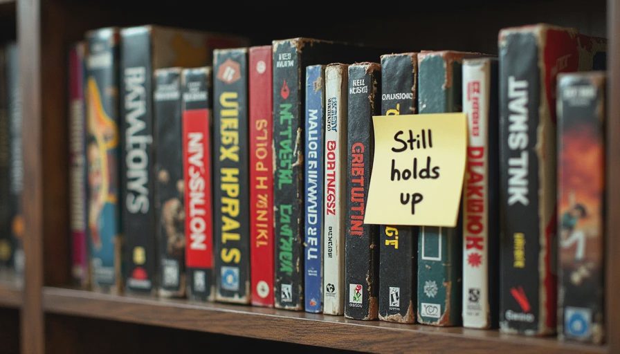 A bookshelf with a small collection of game boxes that have stood the test of time, including older classics and a few modern titles, with a handwritten note that says Still holds up.