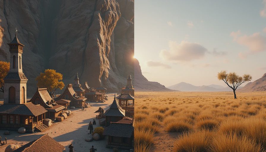 A split image comparing a small but dense game world with meaningful landmarks and a large but empty open world with repetitive terrain and sparse points of interest.