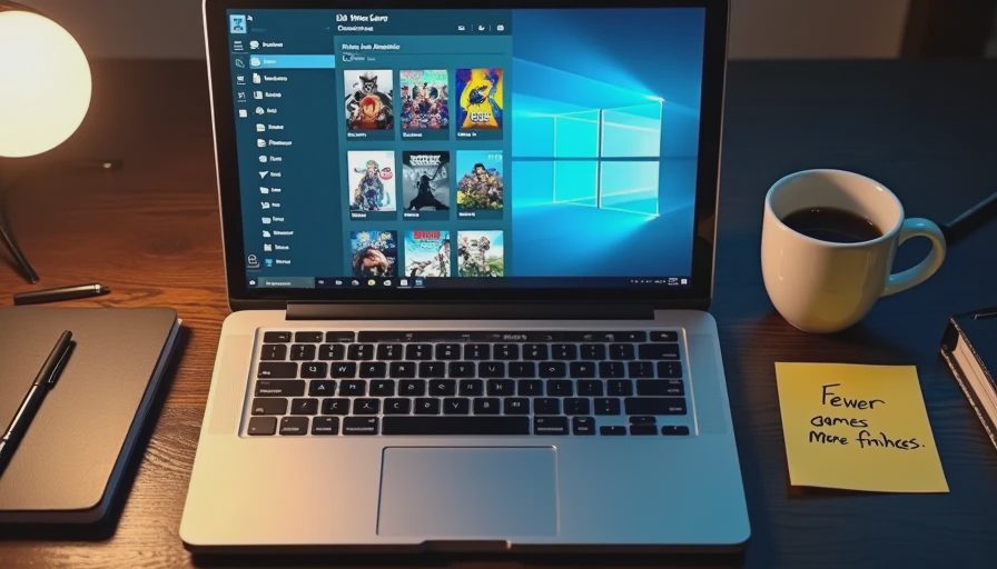 Russ's digital backlog and the note that reminds him to be selective A laptop screen showing a digital game library with dozens of unplayed titles, sorted by recent purchase, next to a coffee mug and a handwritten note that says fewer games, more finishes.