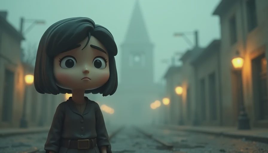 A low-poly game character in a quiet moment, standing in a moody, foggy environment, with the camera close on their face, showing how old games still create emotional intimacy.