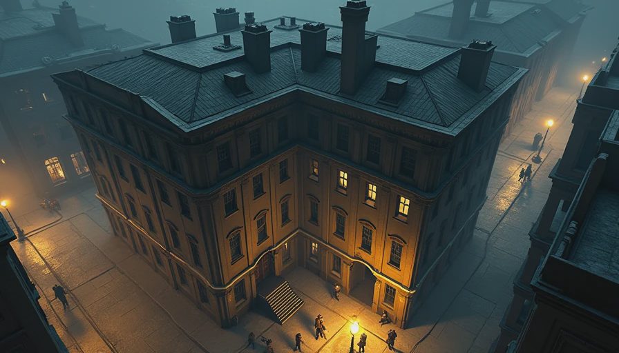 Dishonored's Golden Cat mission — player freedom in action A rooftop view of the Golden Cat mission area in Dishonored, showing multiple approach routes: a front entrance, a balcony, and an open window, with guards patrolling below.