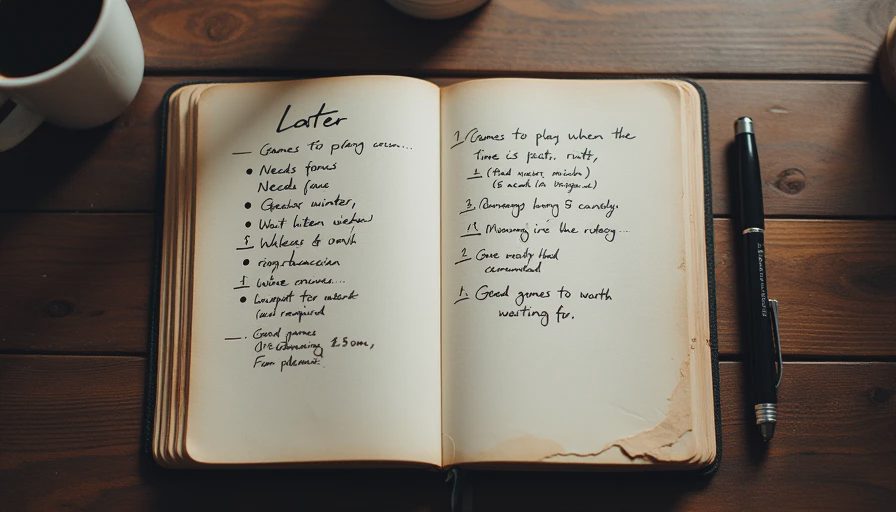 Russ's Later list — games worth waiting for A handwritten list in a notebook titled Later — games to play when the time is right, with titles like Disco Elysium and notes about waiting for the right mood.