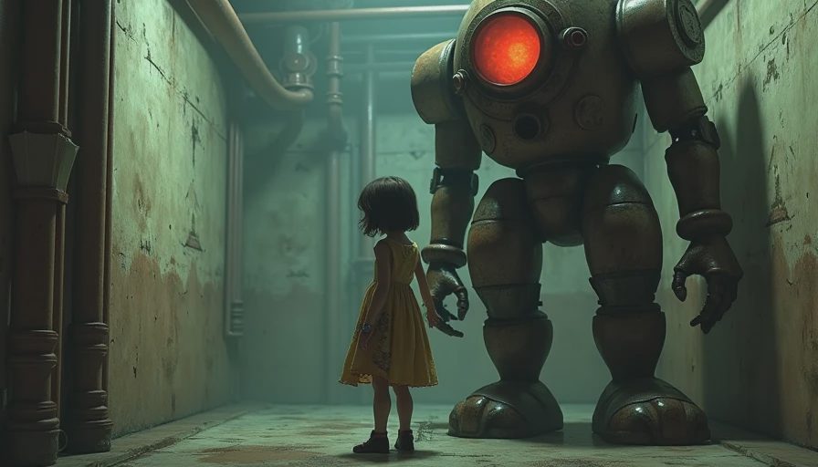 Little Sister and Big Daddy — the moral choice that aged poorly A Little Sister in her tattered dress stands beside a Big Daddy in the dimly lit halls of Rapture, with glowing eyes and a syringe in hand, creating an eerie contrast.