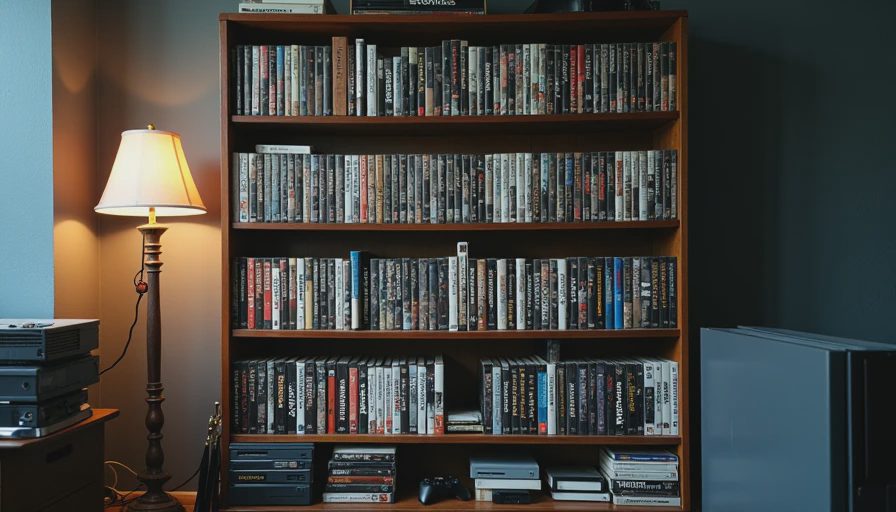 Russ's game shelf — a mix of old favorites and backlog titles A wooden bookshelf in a Pittsburgh apartment filled with old game cases, a few retro consoles, and worn paperback books, lit by a warm desk lamp.