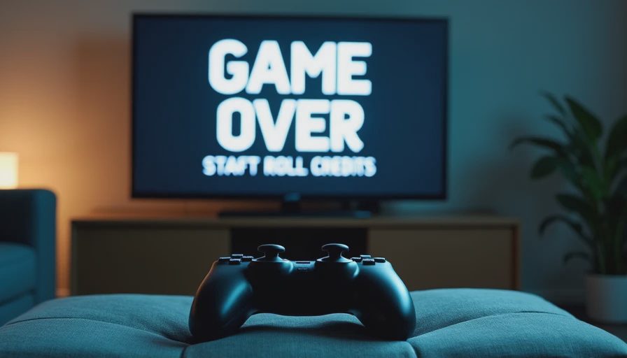 A TV screen showing the end credits of a game, with a controller resting on the couch cushion in the foreground, capturing the satisfying moment of finishing a weekend game.
