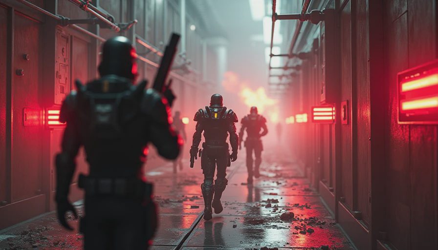 The suicide mission — stakes that still land A scene from the suicide mission showing Shepard leading the squad through a dark corridor with energy beams and explosions, with squadmates following close behind in tight formation.