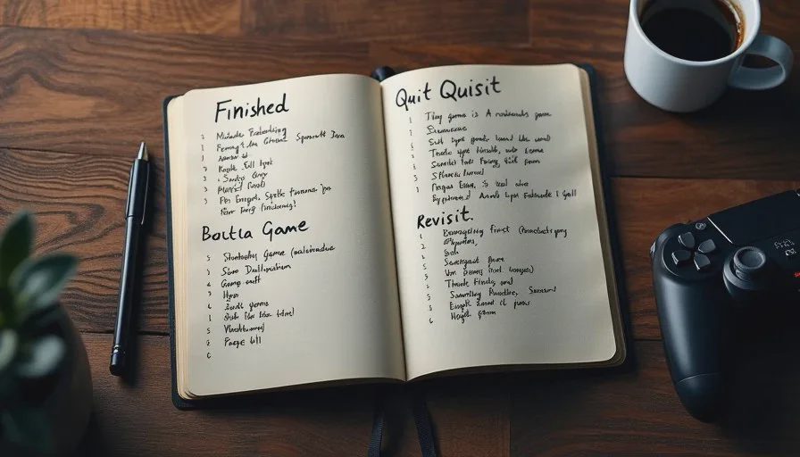 Russ's gaming notebook — finished, quit, and revisit lists A close-up of Russ Hale's handwritten notebook on a coffee table, showing three lists: finished, quit, and revisit, with short notes next to game titles.
