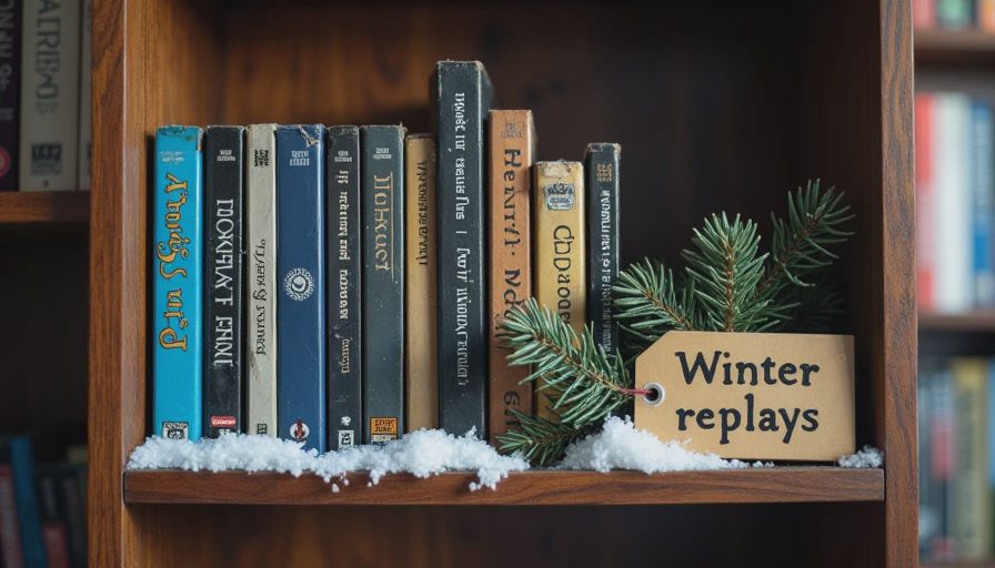 The shelf of winter replays — games that became rituals A bookshelf with a row of old game boxes including The Legend of Zelda, Final Fantasy IX, and Shadow of the Colossus, with a small snow-dusted pine branch resting on one shelf.