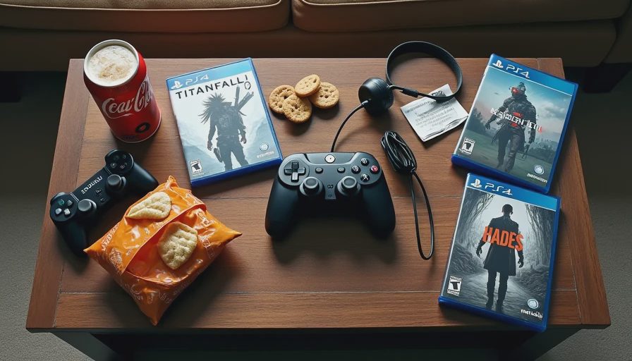 A coffee table in a living room with snacks, a drink, a game controller, and several game cases spread out, showing the setup for a full weekend of gaming.