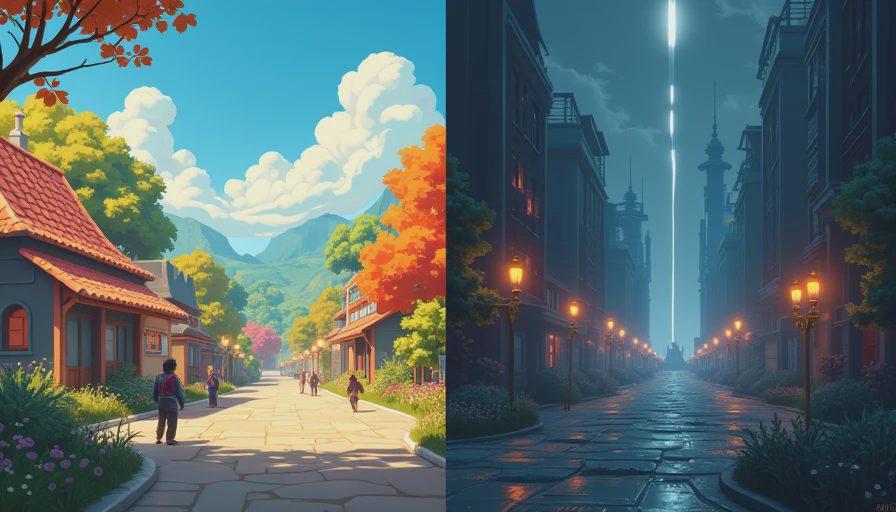 Indie charm vs. AAA polish A split-screen comparison showing a colorful hand-drawn indie game scene on the left and a realistic dark AAA game scene on the right.