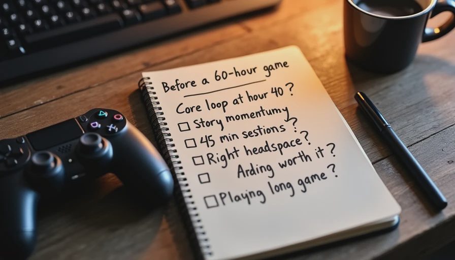 The pre-long-game checklist A close-up of a handwritten checklist on a desk with items like core loop, story momentum, session length, headspace, and ending quality, next to a game controller.