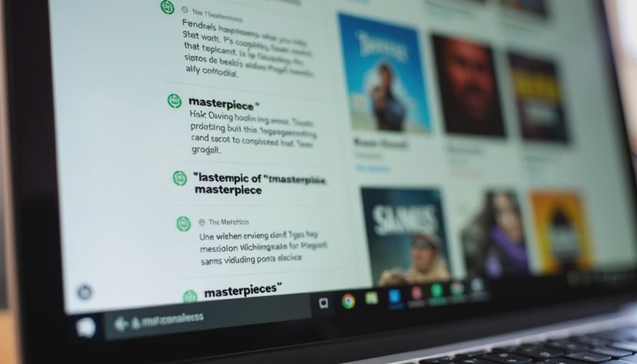A close-up of a laptop screen showing multiple game review headlines, with the word masterpiece repeated across several tabs and a metacritic-style score visible.
