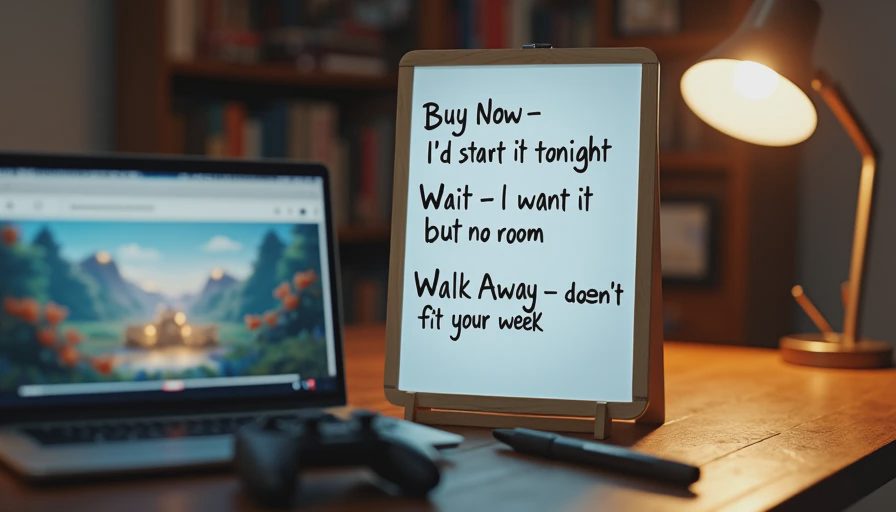 Russ's three-step game buying filter A small whiteboard with hand-written notes reading Buy Now, Wait, and Walk Away, each with a one-line explanation, sitting on a desk next to a laptop and game controller.