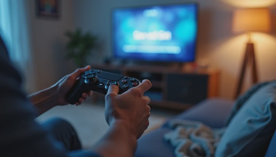 Ending a session — 45 minutes can still count A living room at night with a TV showing a save confirmation screen and a player's hand on a controller, capturing the moment of stopping after a short session.