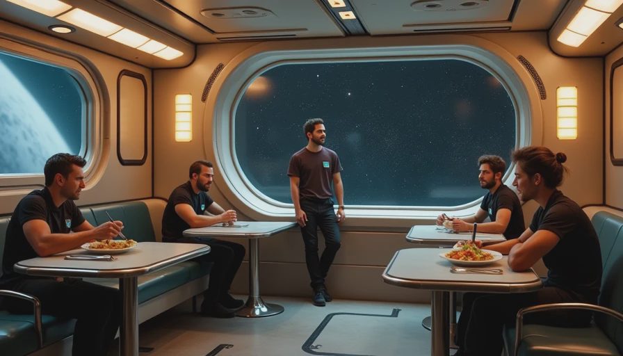 Crew moments — the heart of Mass Effect 2 A quiet moment in the Normandy mess hall with several crew members talking, eating, and relaxing, showing the character interactions that make Mass Effect 2 special.