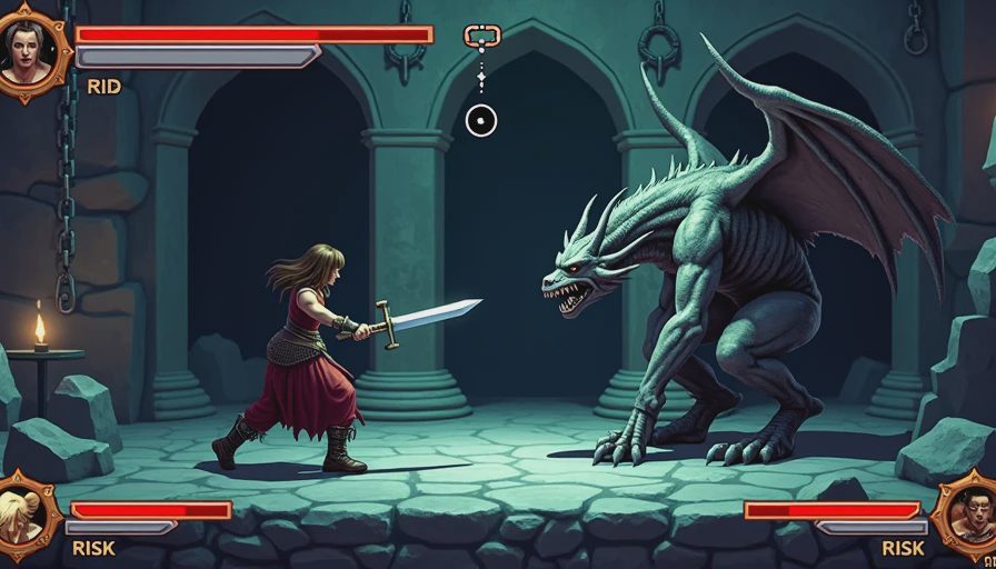 A combat scene from Vagrant Story showing the main character targeting a specific body part of an enemy, with the risk meter and chain attack UI visible on screen.