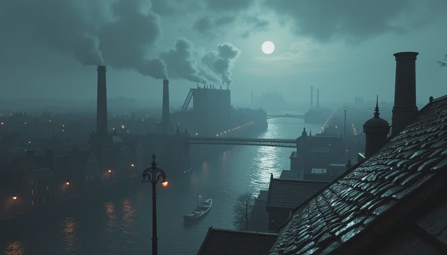 Dunwall at night — the city that still pulls you back A wide cinematic view of Dunwall from the rooftops, with the river, industrial chimneys, and tall buildings under a cold moon, evoking the lonely atmosphere of Dishonored.