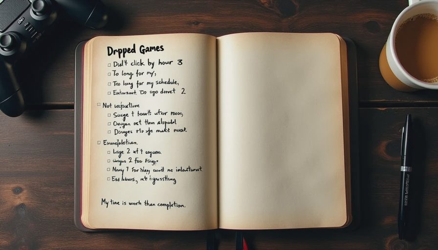 Russ's dropped games list — quitting with intention A handwritten list in a notebook titled Dropped Games, with short notes next to each title explaining why Russ quit, such as didn't click by hour 3 or too long for my schedule.