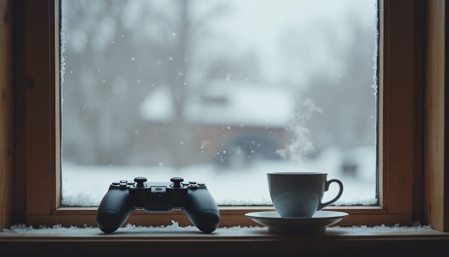 Winter outside, a familiar world inside A view from inside a warm room looking out at snow falling past a window, with a game controller and a cup of tea on the windowsill, creating a quiet winter gaming mood.