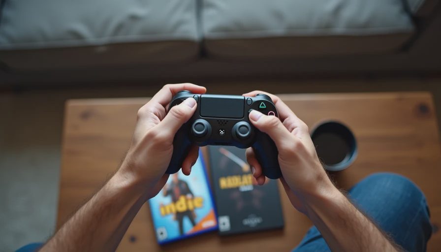 The moment of choosing what to play A close-up of Russ's hand hovering over a game controller on a coffee table, with two game cases and a cup of coffee in the background, capturing the moment of choice.