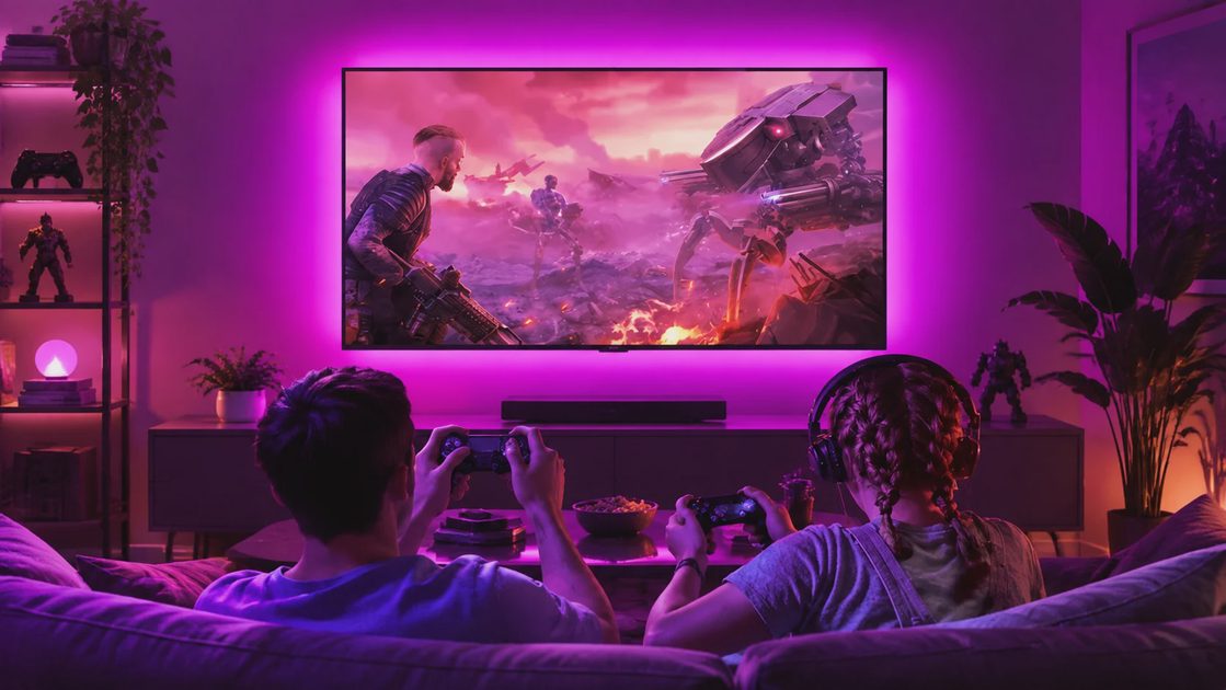 Two gamers playing shooter game with purple RGB TV backlight