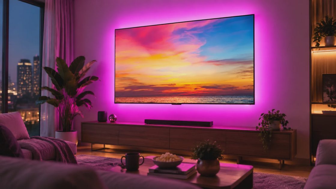 Late-night living room with TV glowing purple RGB LED backlight