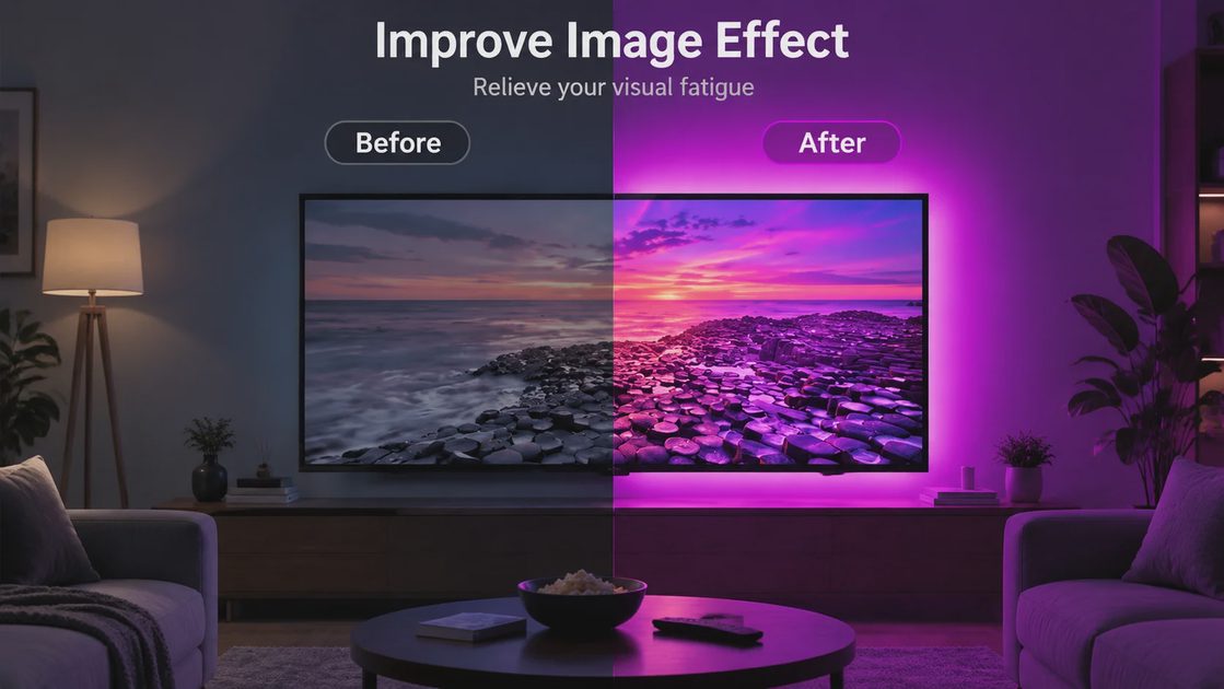 Before and after TV LED backlight, dark room vs purple ambient glow